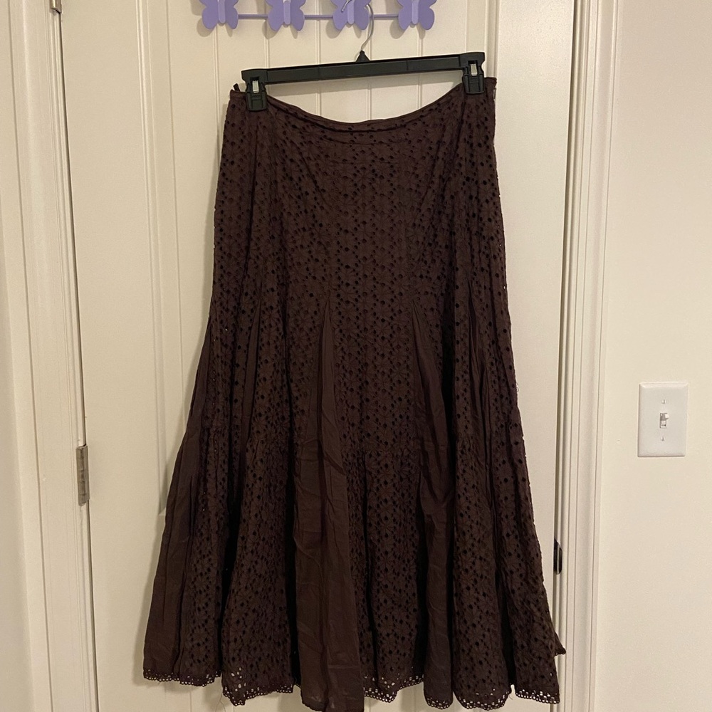 EUC Femme women’s brown embroidered cutout textured‎ flowy long skirt size 10
